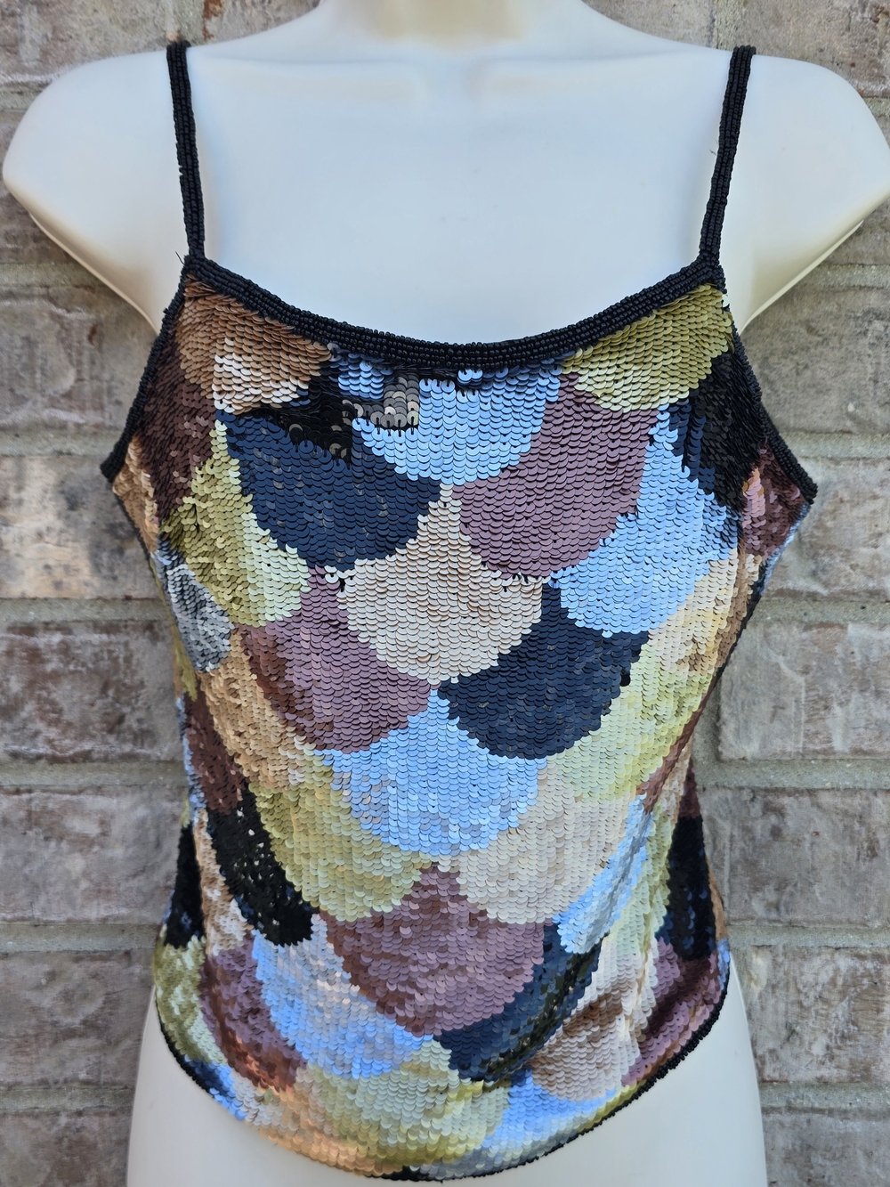 CACHE 100% SILK BEADED SEQUIN BACKLESS OPEN BACK Y2K WOMEN'S  SILVER GOLD TOP